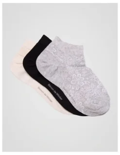 Simon De Winter 3 Pack Flowers Anklet Socks in Cloud Grey Marle, Black, and Almond Marle