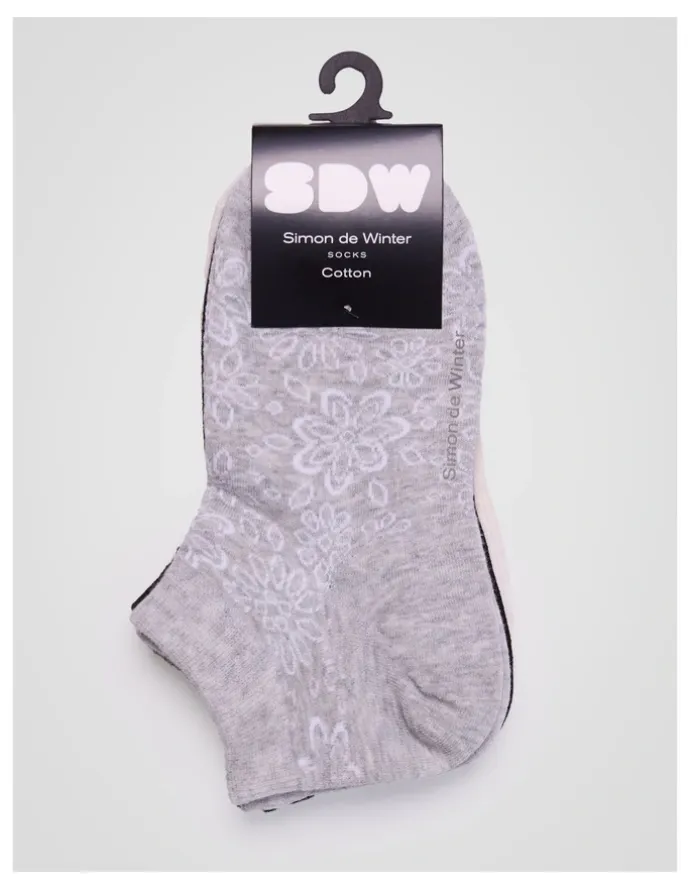 Simon De Winter 3 Pack Flowers Anklet Socks in Cloud Grey Marle, Black, and Almond Marle