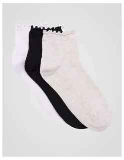 Simon De Winter 3 Pack Lettuce Edge Rib Quarter Crew Socks in Ice Grey Marle, Black, and White