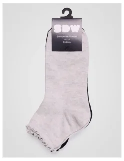 Simon De Winter 3 Pack Lettuce Edge Rib Quarter Crew Socks in Ice Grey Marle, Black, and White