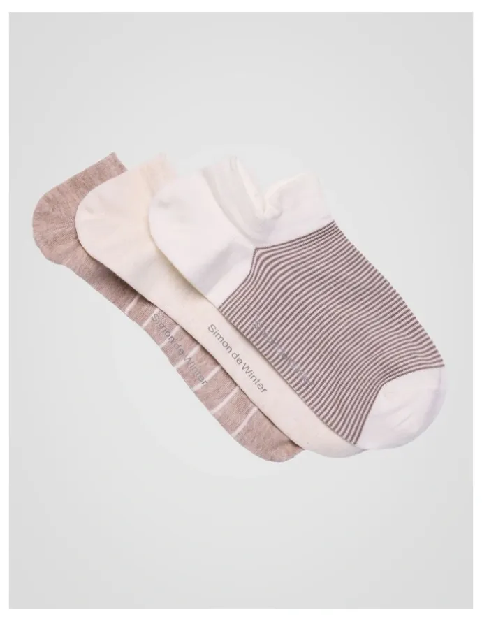 Simon De Winter 3 Pack Multi Striped Invisible Socks with Tab in Ivory, Almond Marle and Grey Sand