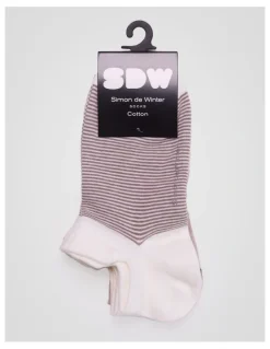 Simon De Winter 3 Pack Multi Striped Invisible Socks with Tab in Ivory, Almond Marle and Grey Sand