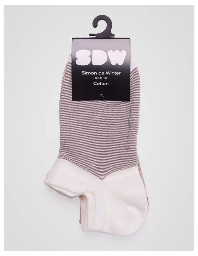 Simon De Winter 3 Pack Multi Striped Invisible Socks with Tab in Ivory, Almond Marle and Grey Sand