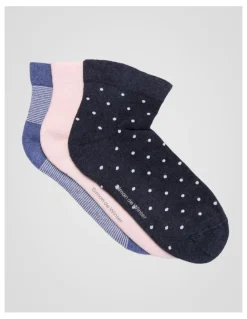 Simon De Winter 3 Pack Stripe and Spot Circulation Quarter Crew Socks in Dark Demin Marle, Pale Primrose Marle, and Demin Marle