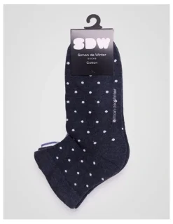 Simon De Winter 3 Pack Stripe and Spot Circulation Quarter Crew Socks in Dark Demin Marle, Pale Primrose Marle, and Demin Marle
