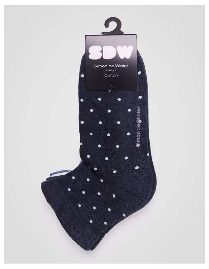 Simon De Winter 3 Pack Stripe and Spot Circulation Quarter Crew Socks in Dark Demin Marle, Pale Primrose Marle, and Demin Marle