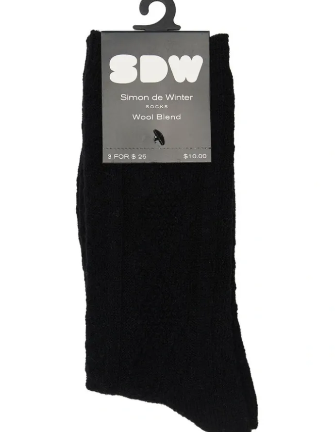 Simon De Winter Textured Diamonds Wool Crew Socks 1 Pack in Black