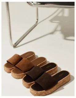 Siren Detroit Flatform Slides in Tobacco Brown Suede & Cork