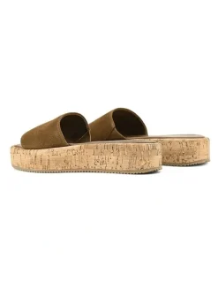 Siren Detroit Flatform Slides in Tobacco Brown Suede & Cork