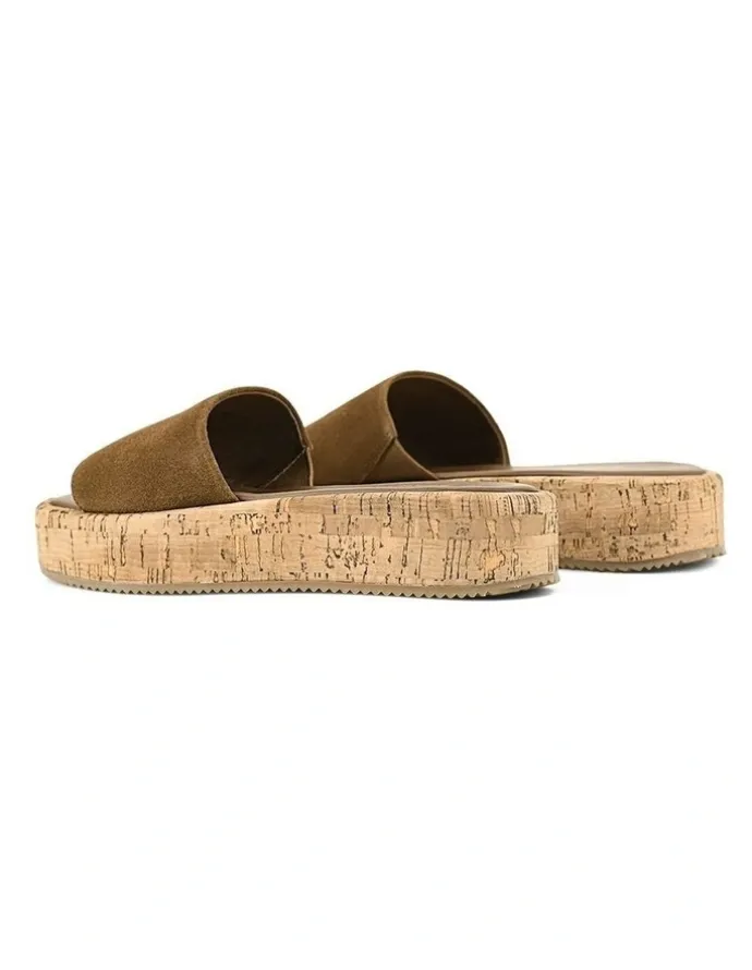 Siren Detroit Flatform Slides in Tobacco Brown Suede & Cork