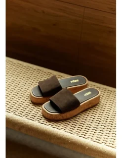 Siren Detroit Flatform Slides in Chocolate Brown Suede & Cork