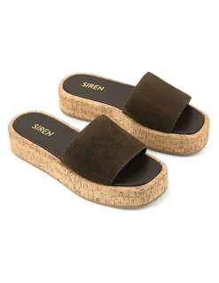 Siren Detroit Flatform Slides in Chocolate Brown Suede & Cork