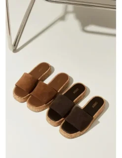 Siren Detroit Flatform Slides in Chocolate Brown Suede & Cork