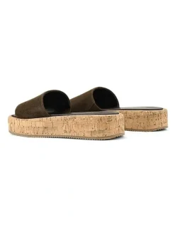 Siren Detroit Flatform Slides in Chocolate Brown Suede & Cork