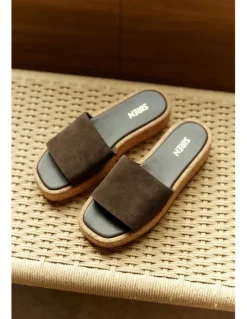 Siren Detroit Flatform Slides in Chocolate Brown Suede & Cork