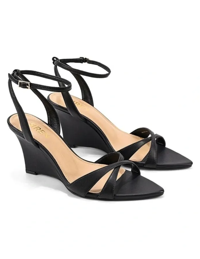 Siren Maggie Strappy Wedges - Black Leather
