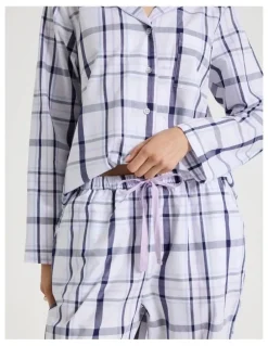 Soho Core Cotton Long Sleeve Long Pant Pyjama Set in White & Navy Check Print
