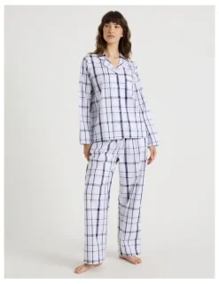 Soho Core Cotton Long Sleeve Long Pant Pyjama Set in White & Navy Check Print