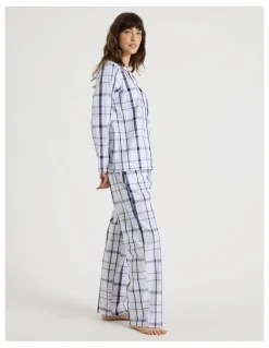 Soho Core Cotton Long Sleeve Long Pant Pyjama Set in White & Navy Check Print