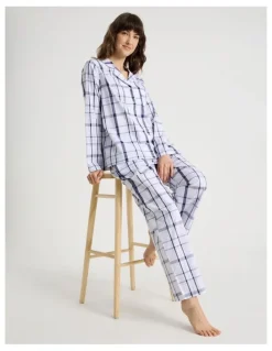 Soho Core Cotton Long Sleeve Long Pant Pyjama Set in White & Navy Check Print