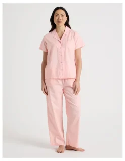 Soho Core Cotton Sateen Short Sleeve Long Pant Pyjama Set in Light Pink