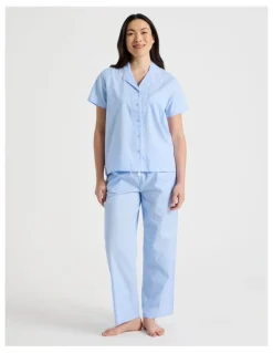 Soho Core Cotton Sateen Short Sleeve Long Pyjama Set in Light Blue