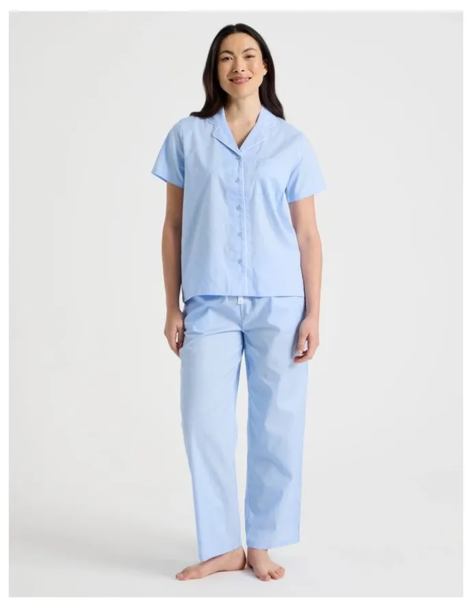 Soho Core Cotton Sateen Short Sleeve Long Pyjama Set in Light Blue