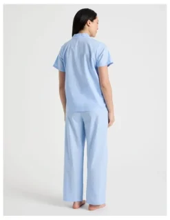 Soho Core Cotton Sateen Short Sleeve Long Pyjama Set in Light Blue