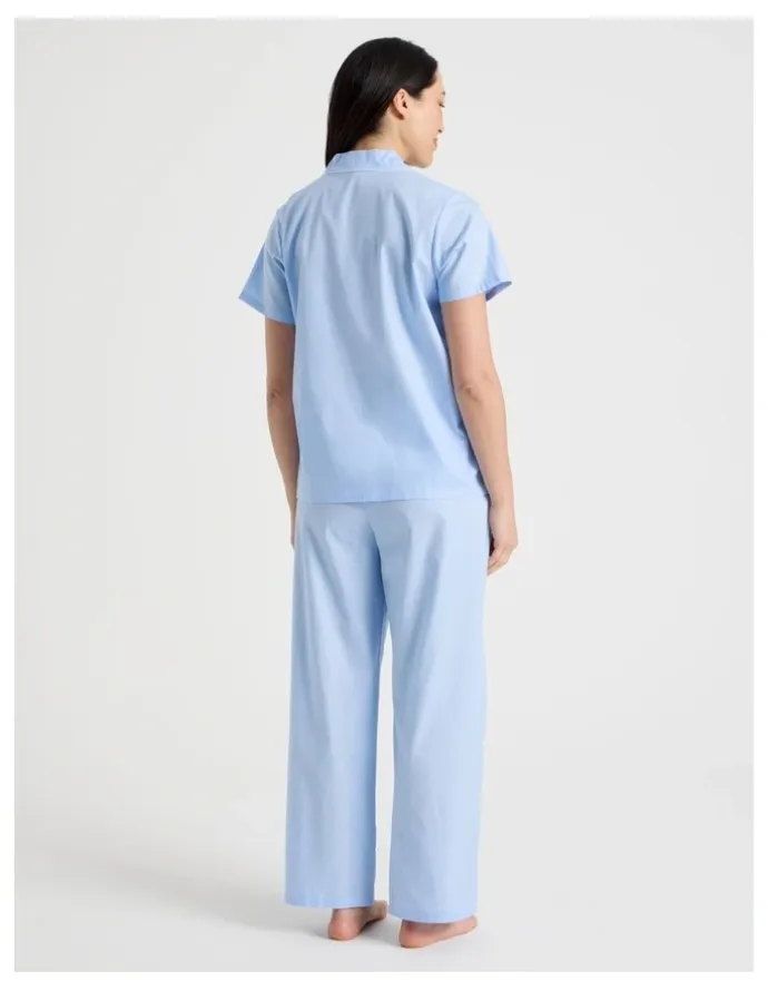 Soho Core Cotton Sateen Short Sleeve Long Pyjama Set in Light Blue