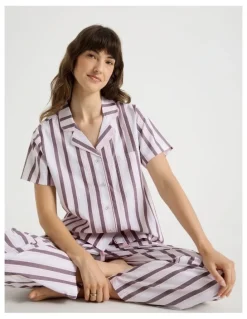 Soho Core Cotton Short Sleeve Long Pant Pyjama Set in White & Choc Stripe Print