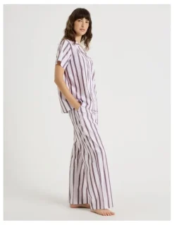 Soho Core Cotton Short Sleeve Long Pant Pyjama Set in White & Choc Stripe Print