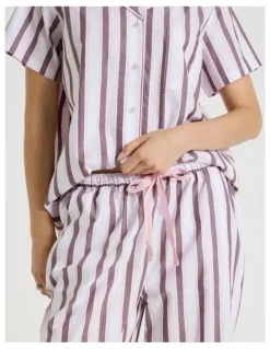 Soho Core Cotton Short Sleeve Long Pant Pyjama Set in White & Choc Stripe Print