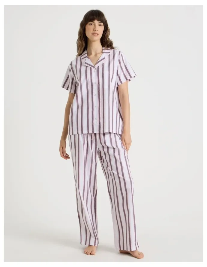 Soho Core Cotton Short Sleeve Long Pant Pyjama Set in White & Choc Stripe Print