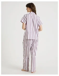 Soho Core Cotton Short Sleeve Long Pant Pyjama Set in White & Choc Stripe Print