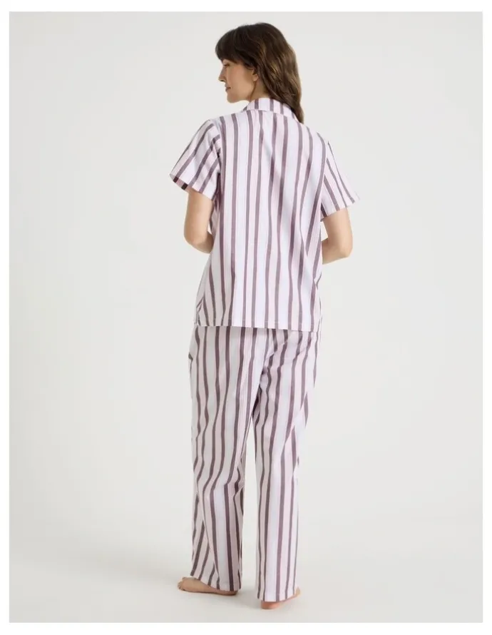 Soho Core Cotton Short Sleeve Long Pant Pyjama Set in White & Choc Stripe Print