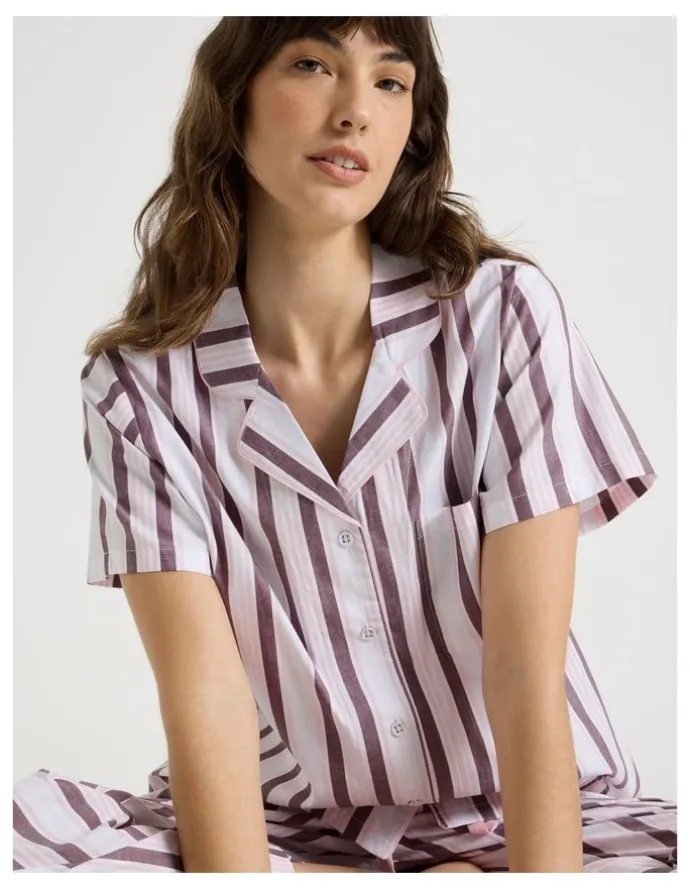 Soho Core Cotton Short Sleeve Long Pant Pyjama Set in White & Choc Stripe Print
