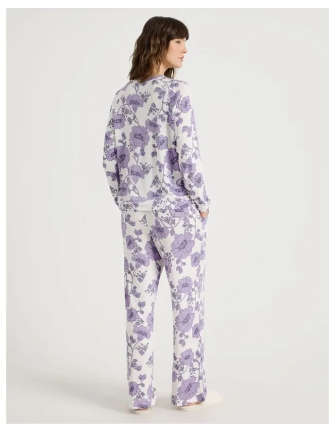 Soho Cosy Brushed Knit Jersey Long Sleeve Wide Pant Pyjama Set in Lilac Floral Outline Print