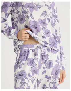 Soho Cosy Brushed Knit Jersey Long Sleeve Wide Pant Pyjama Set in Lilac Floral Outline Print