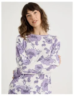 Soho Cosy Brushed Knit Jersey Long Sleeve Wide Pant Pyjama Set in Lilac Floral Outline Print