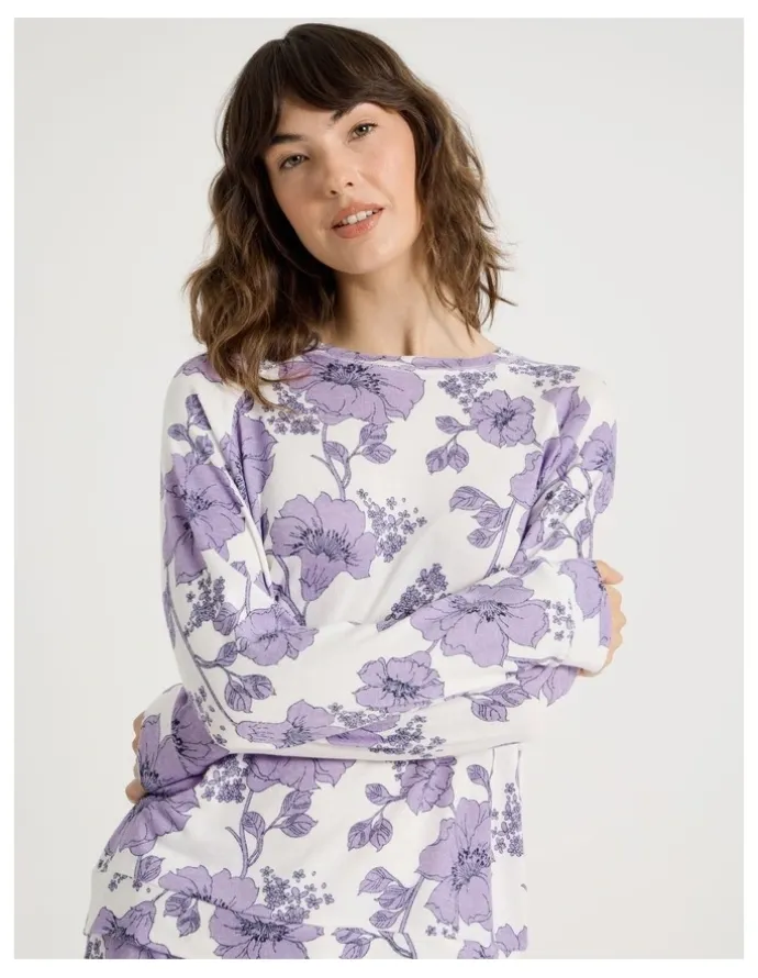 Soho Cosy Brushed Knit Jersey Long Sleeve Wide Pant Pyjama Set in Lilac Floral Outline Print