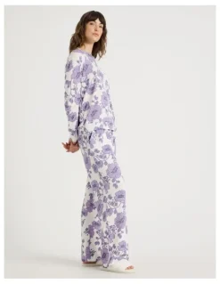 Soho Cosy Brushed Knit Jersey Long Sleeve Wide Pant Pyjama Set in Lilac Floral Outline Print