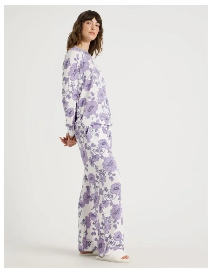 Soho Cosy Brushed Knit Jersey Long Sleeve Wide Pant Pyjama Set in Lilac Floral Outline Print