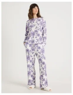 Soho Cosy Brushed Knit Jersey Long Sleeve Wide Pant Pyjama Set in Lilac Floral Outline Print