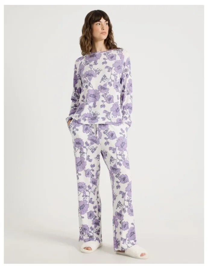Soho Cosy Brushed Knit Jersey Long Sleeve Wide Pant Pyjama Set in Lilac Floral Outline Print