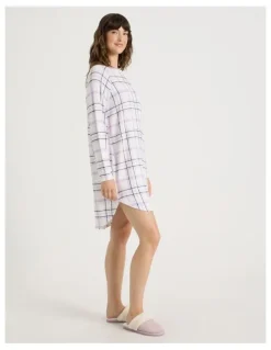 Soho Cosy Brushed Knit Jersey Long Sleeve Nightie in White Windowpane Check Print