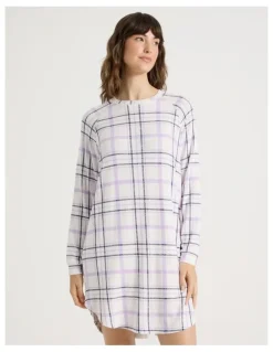 Soho Cosy Brushed Knit Jersey Long Sleeve Nightie in White Windowpane Check Print