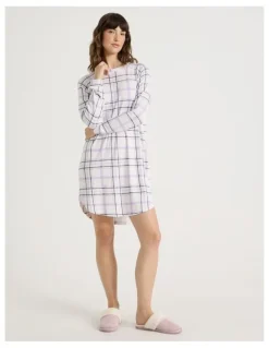 Soho Cosy Brushed Knit Jersey Long Sleeve Nightie in White Windowpane Check Print