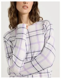 Soho Cosy Brushed Knit Jersey Long Sleeve Nightie in White Windowpane Check Print