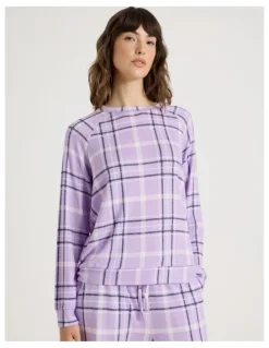 Soho Cosy Brushed Knit Jersey Long Sleeve Wide Pant Pyjama Set in Navy Windowpane Check Print