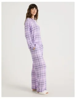 Soho Cosy Brushed Knit Jersey Long Sleeve Wide Pant Pyjama Set in Navy Windowpane Check Print